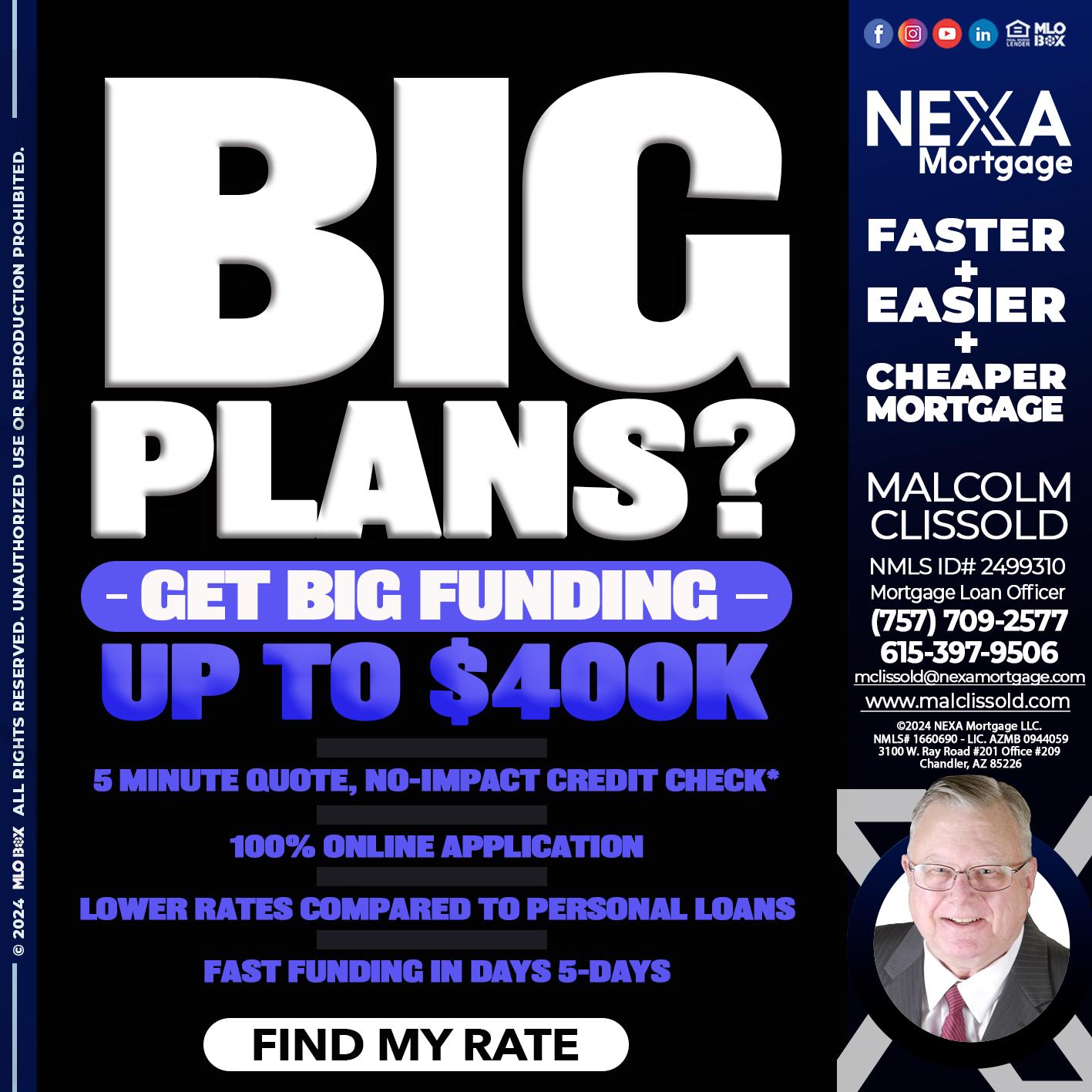 BIG PLANS - Malcolm Clissold -Mortgage Loan Officer