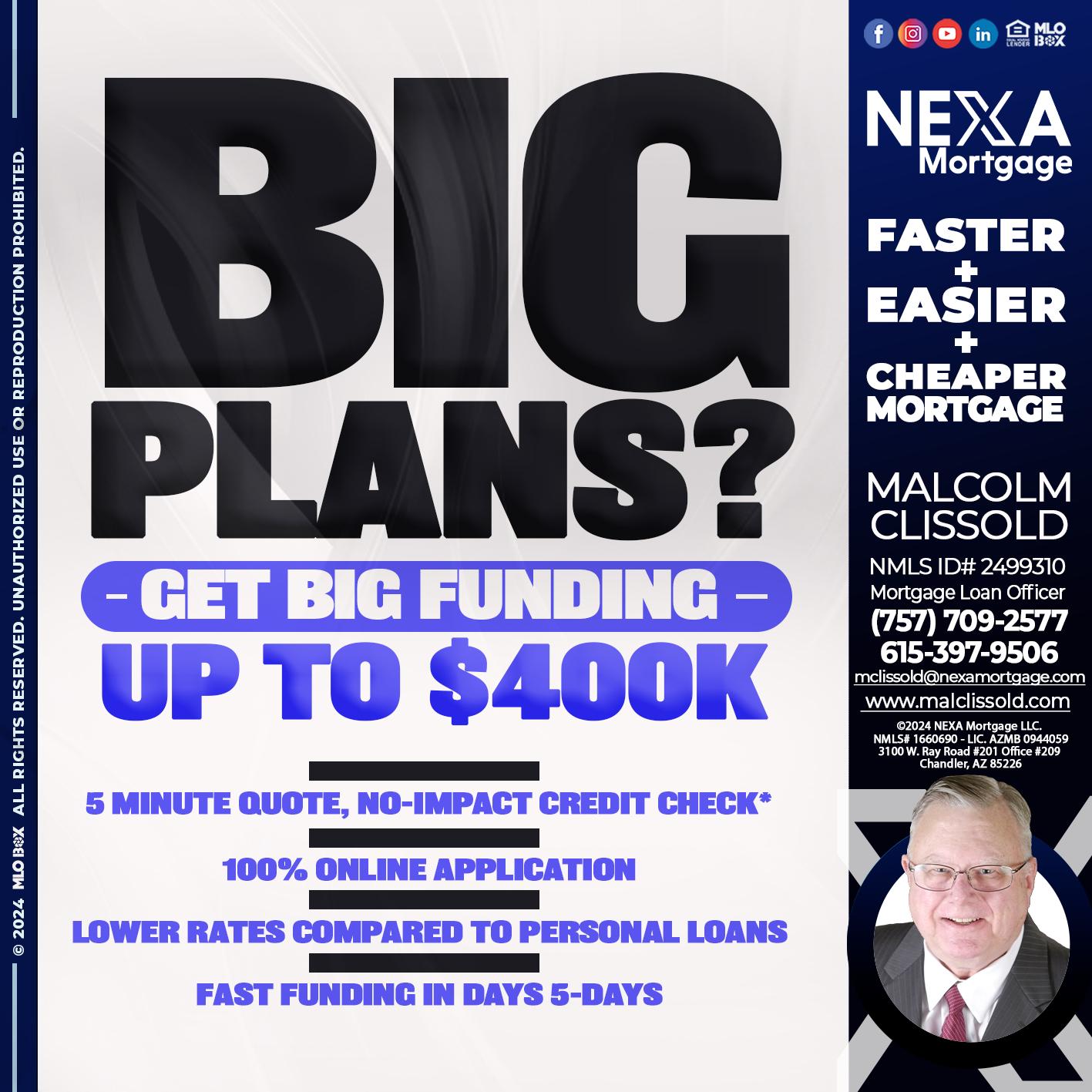 BIG PLANS - Malcolm Clissold -Mortgage Loan Officer